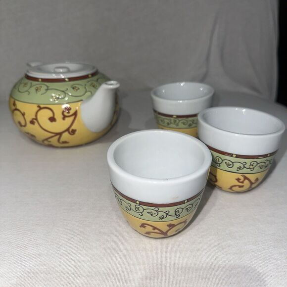 PIER 1 Teapot Cup Set And 3 Piece Cup Set Yellow Burgundy Green Ceramic EUC - Picture 2 of 8